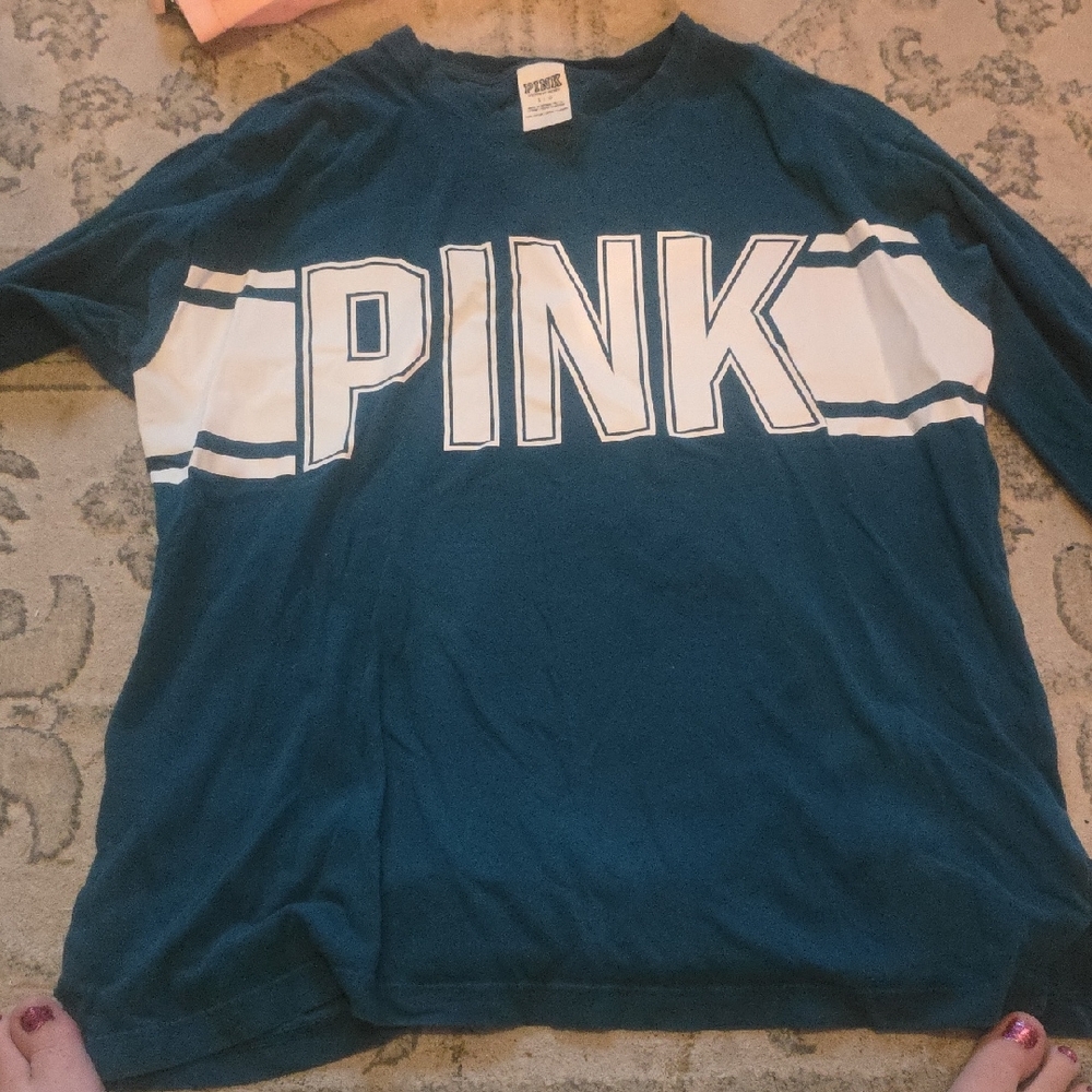 PINK Victoria's Secret Blue and White Long Sleeve Tee